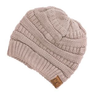Solid Ribbed Knitted Beanie Hat Beige